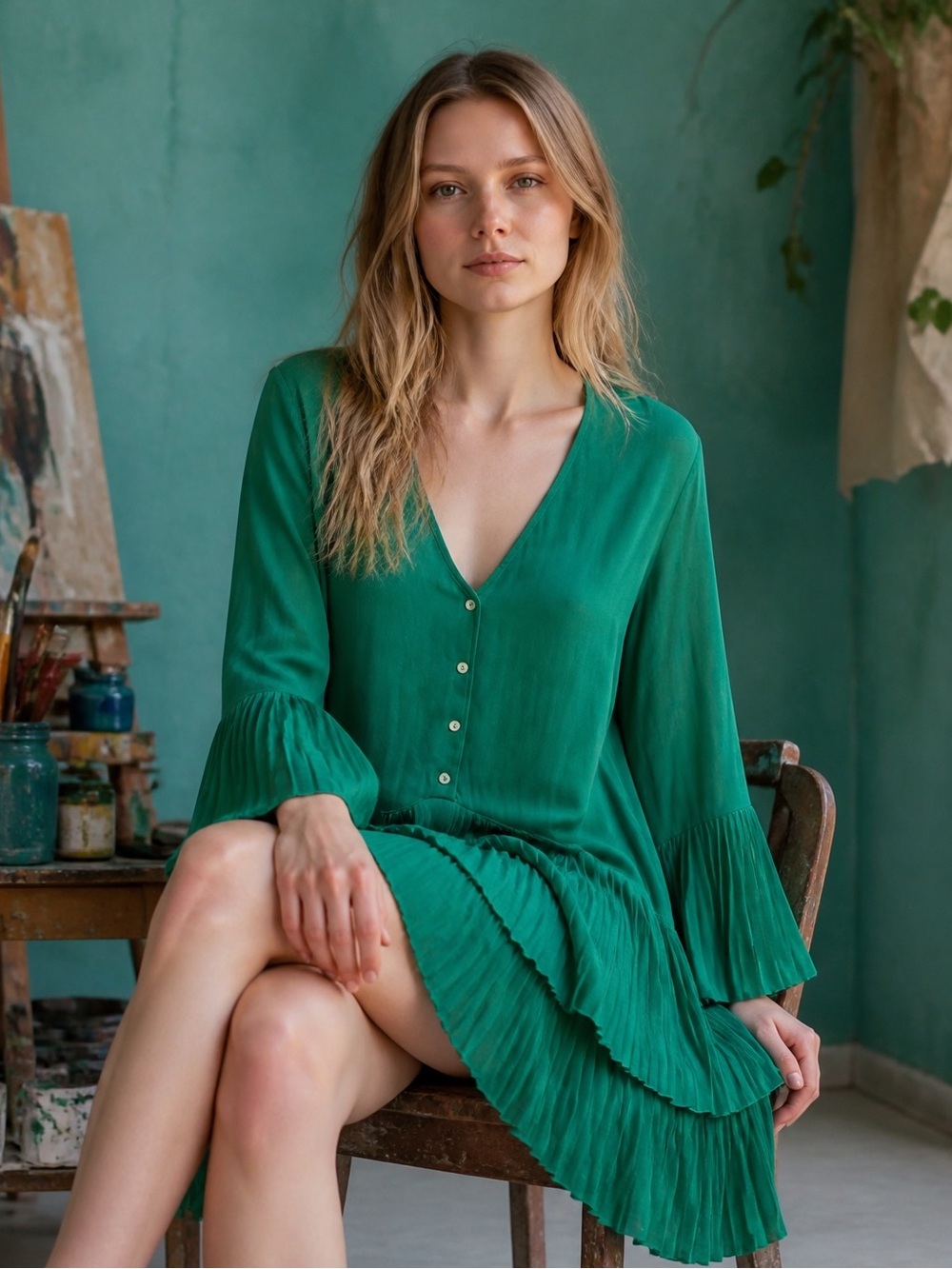 Zara Jade Green Pleated Tiered Blouse Shirt Dress - Size S